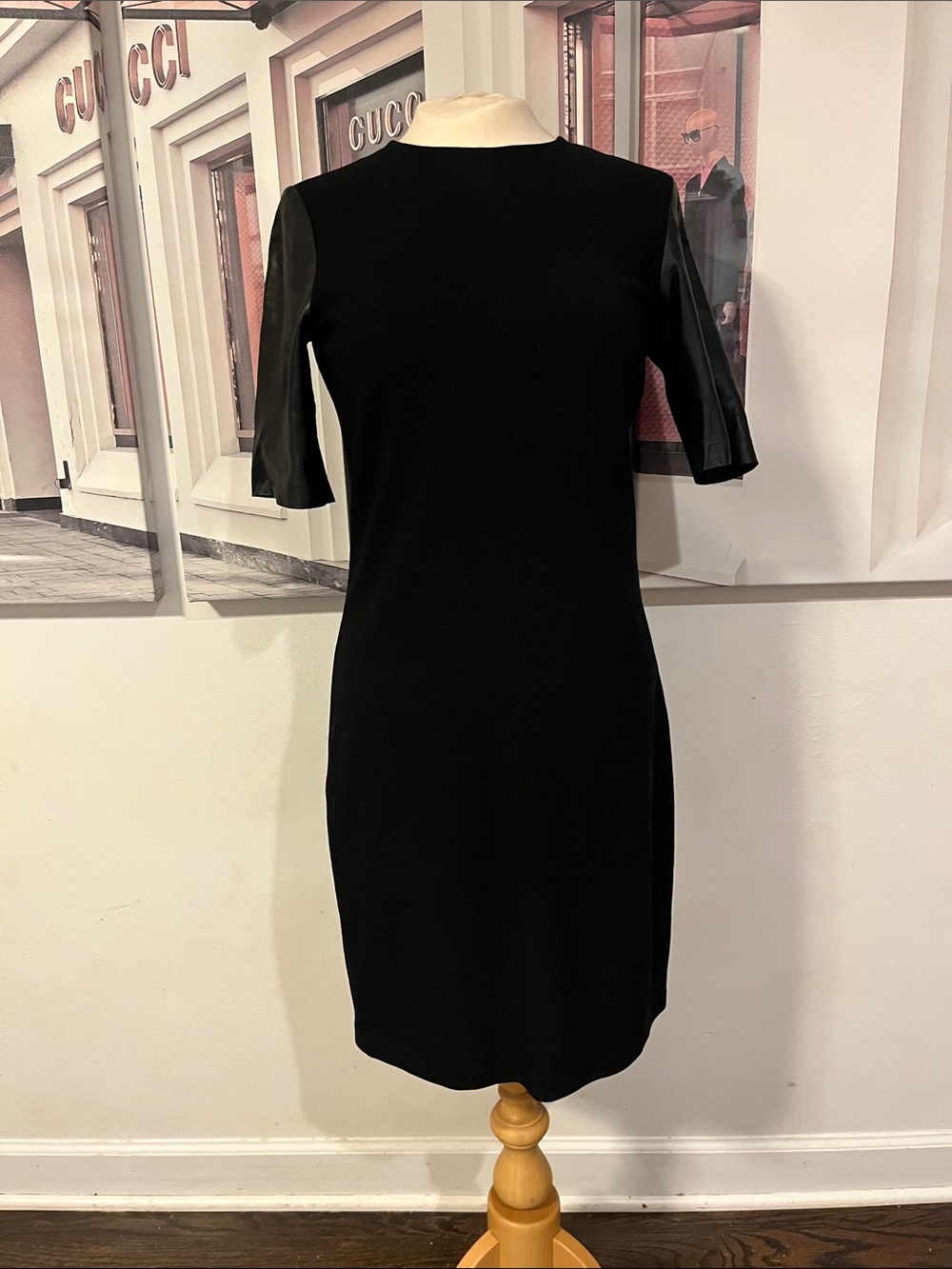 Vince Black Midi Dress with Faux-Leather Short Sleeves